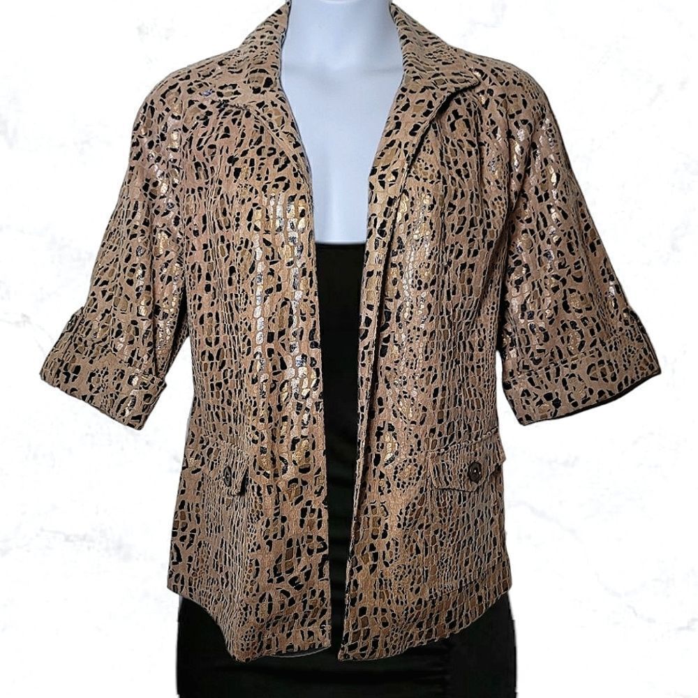 LINEAR Leopard Print Metallic Gold Crop Sleeve Open Front Stylish Jacket